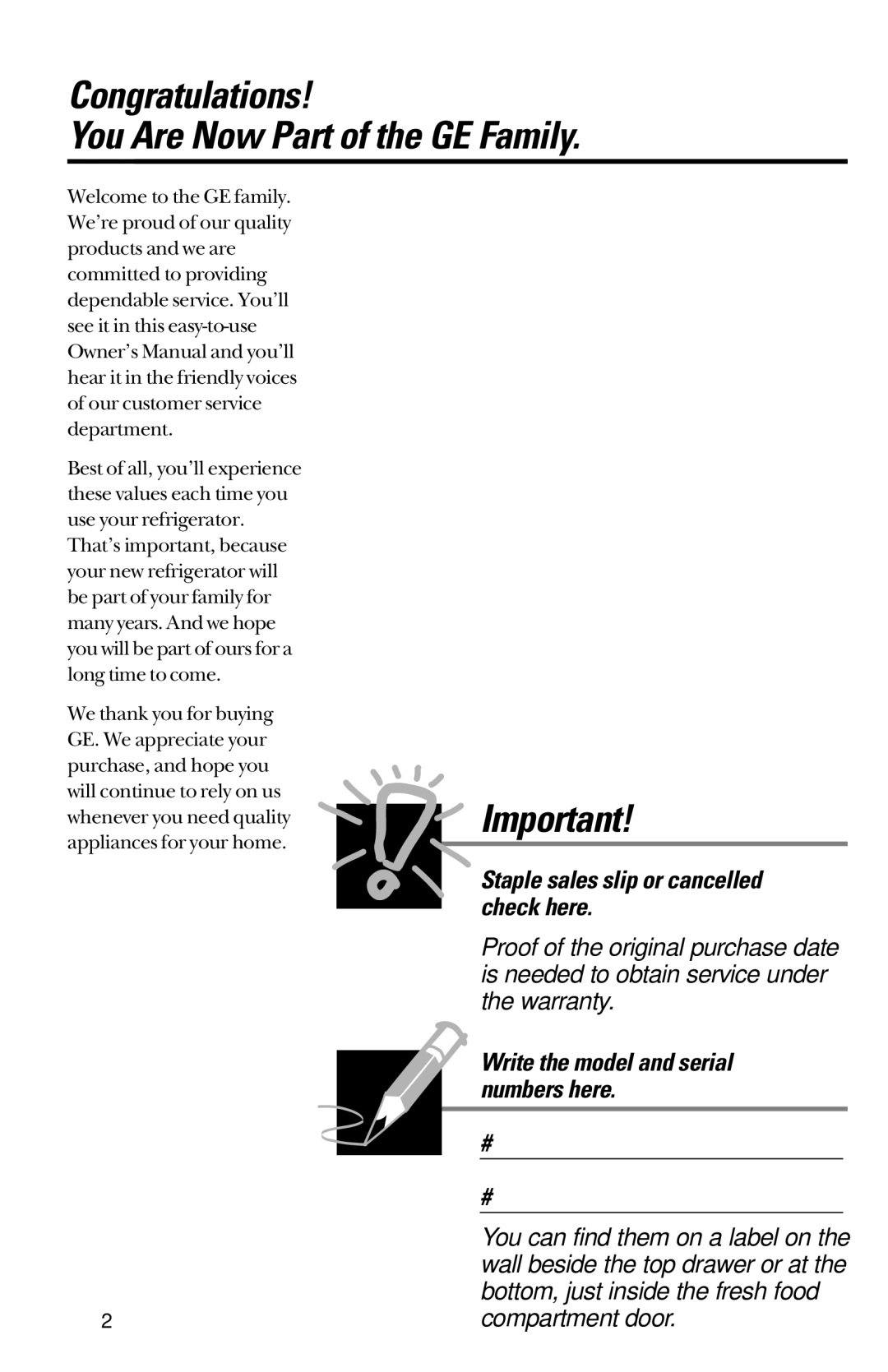 GE 28, 30 owner manual Congratulations You Are Now Part of the GE Family, Staple sales slip or cancelled check here 