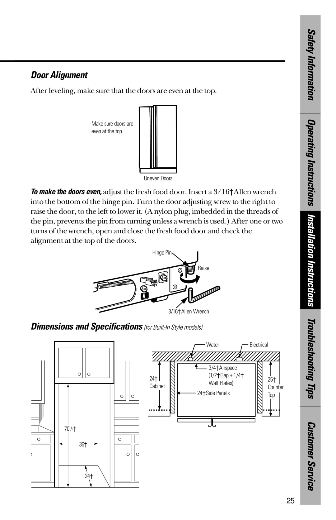 GE 28, 30 owner manual Door Alignment, Troubleshooting Tips Customer Service 