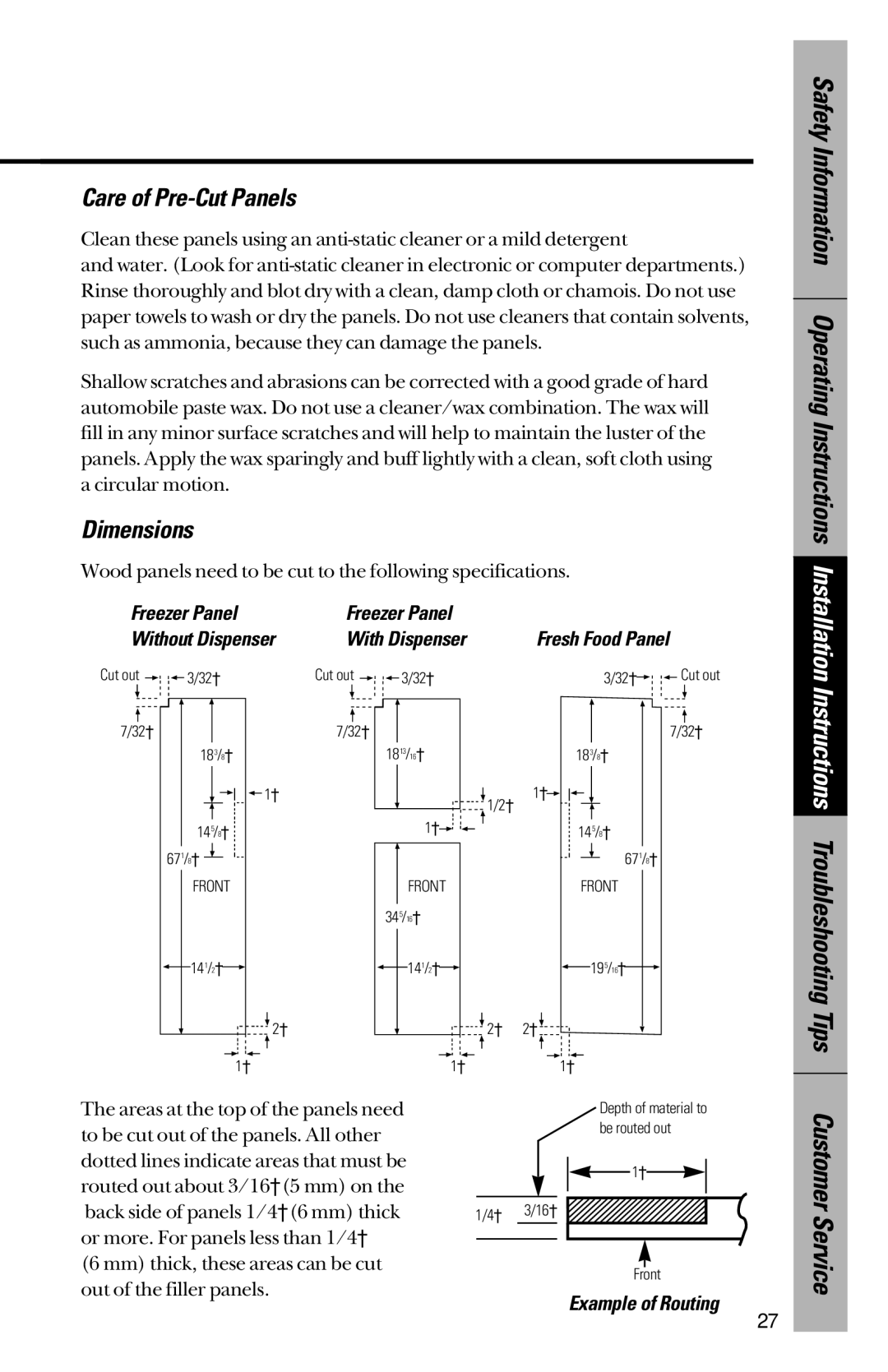 GE 28, 30 owner manual Care of Pre-Cut Panels, Dimensions, Example of Routing 