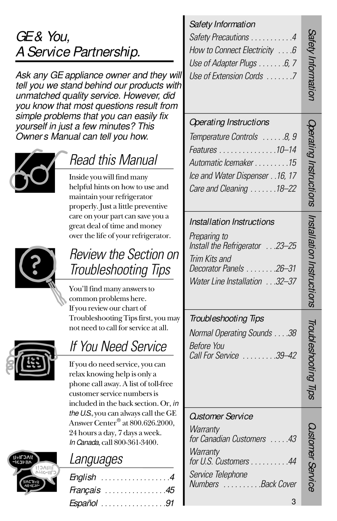 GE 28, 30 owner manual GE & You Service Partnership, Read this Manual, Languages 