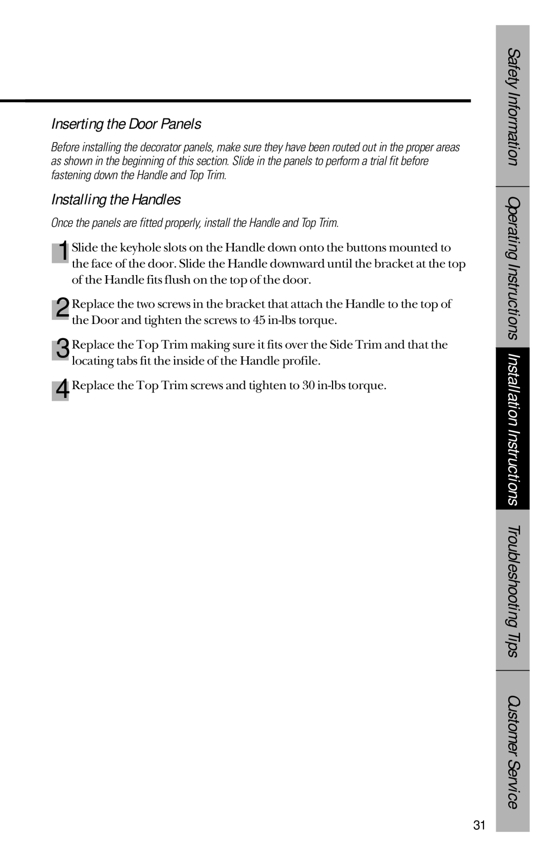 GE 28, 30 owner manual Inserting the Door Panels, Installing the Handles 