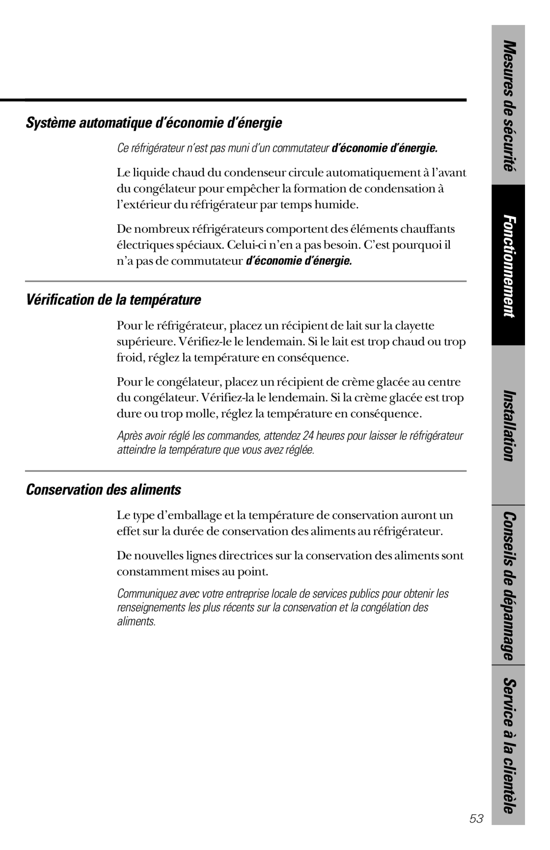 GE 28, 30 Mesures de sécurité Fonctionnement, Système automatique d’économie d’énergie, Vérification de la température 