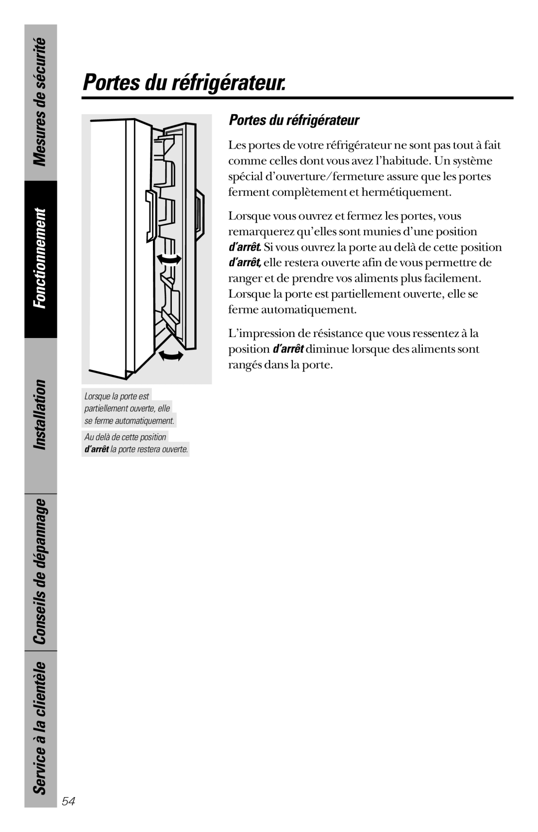 GE 28, 30 owner manual Portes du réfrigérateur 