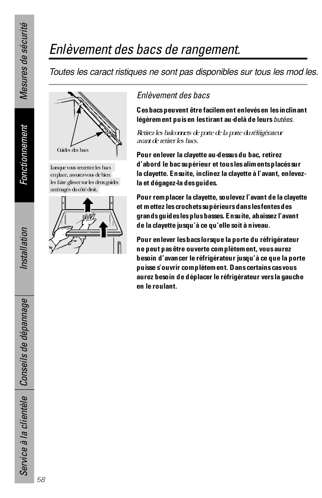 GE 28, 30 owner manual Enlèvement des bacs de rangement 