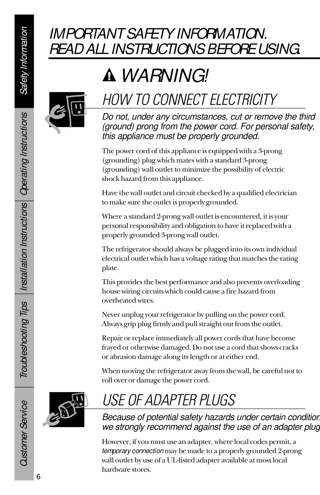 GE 28, 30 owner manual USE of Adapter Plugs 