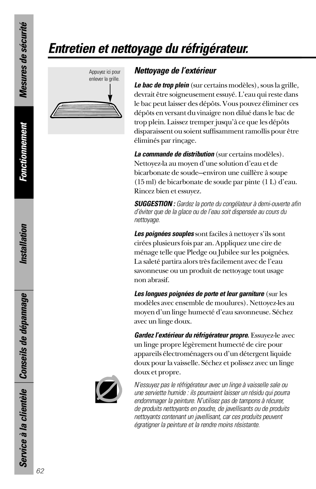 GE 28, 30 owner manual Entretien et nettoyage du réfrigérateur, Appuyez ici pour Nettoyage de l’extérieur 