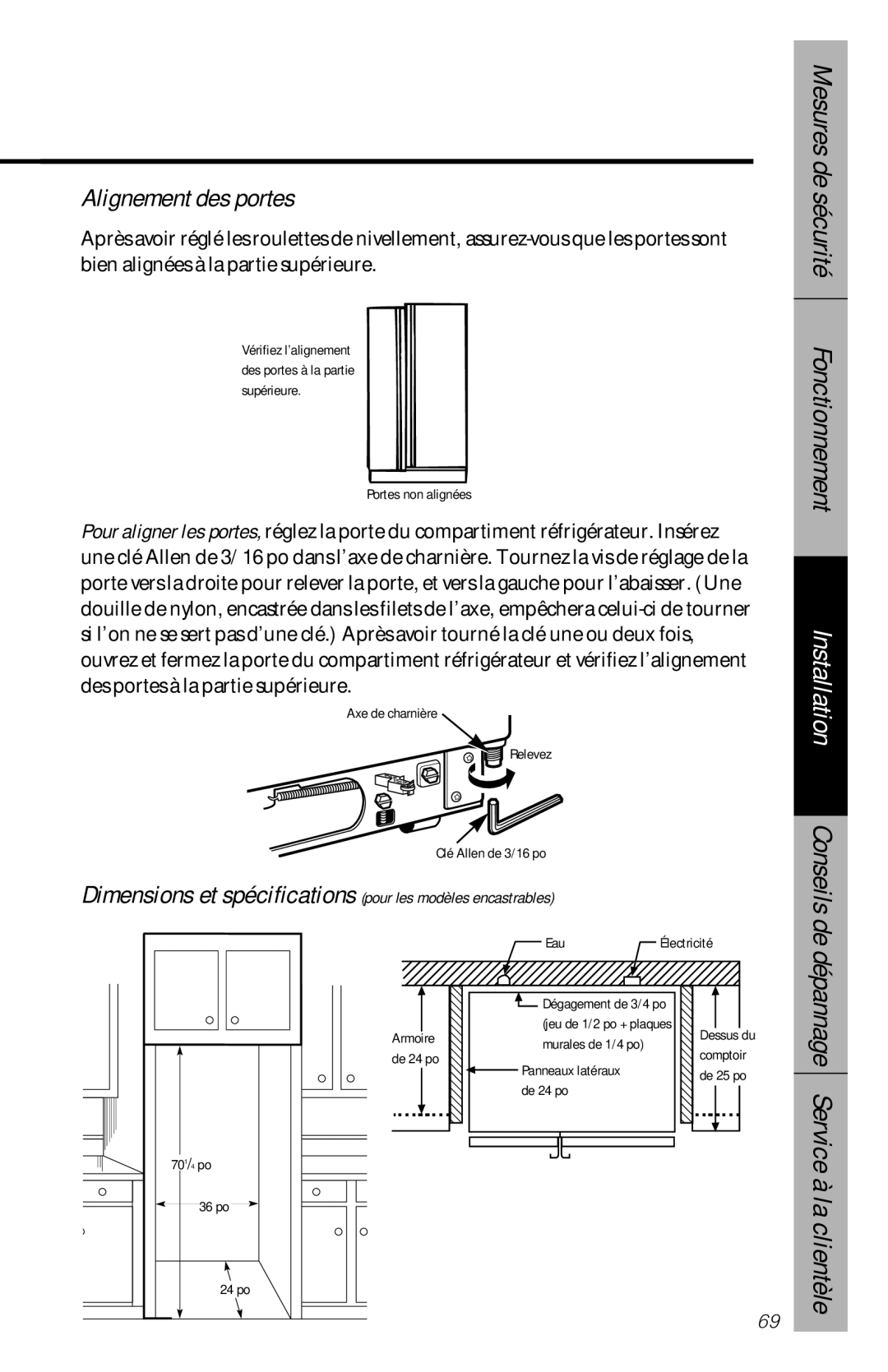 GE 28, 30 owner manual Conseils de, Alignement des portes, Dépannage Service à la clientèle 