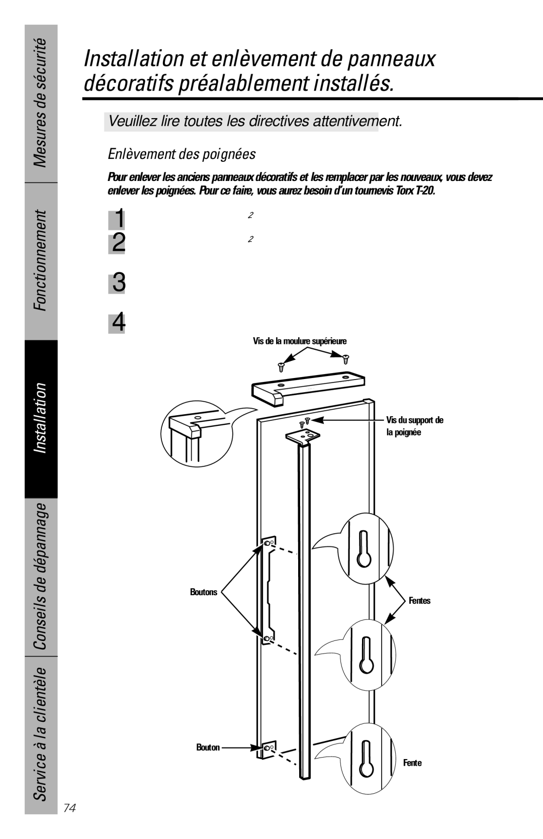 GE 28, 30 owner manual Enlèvement des poignées 