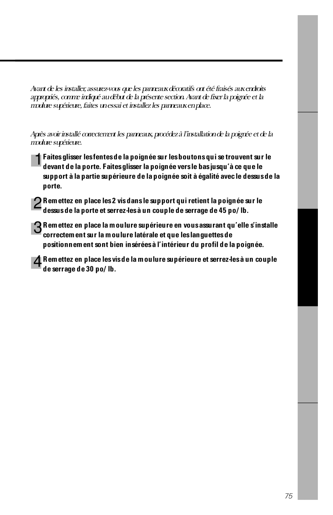 GE 28, 30 owner manual Installation des panneaux décoratifs, Installation des poignées 