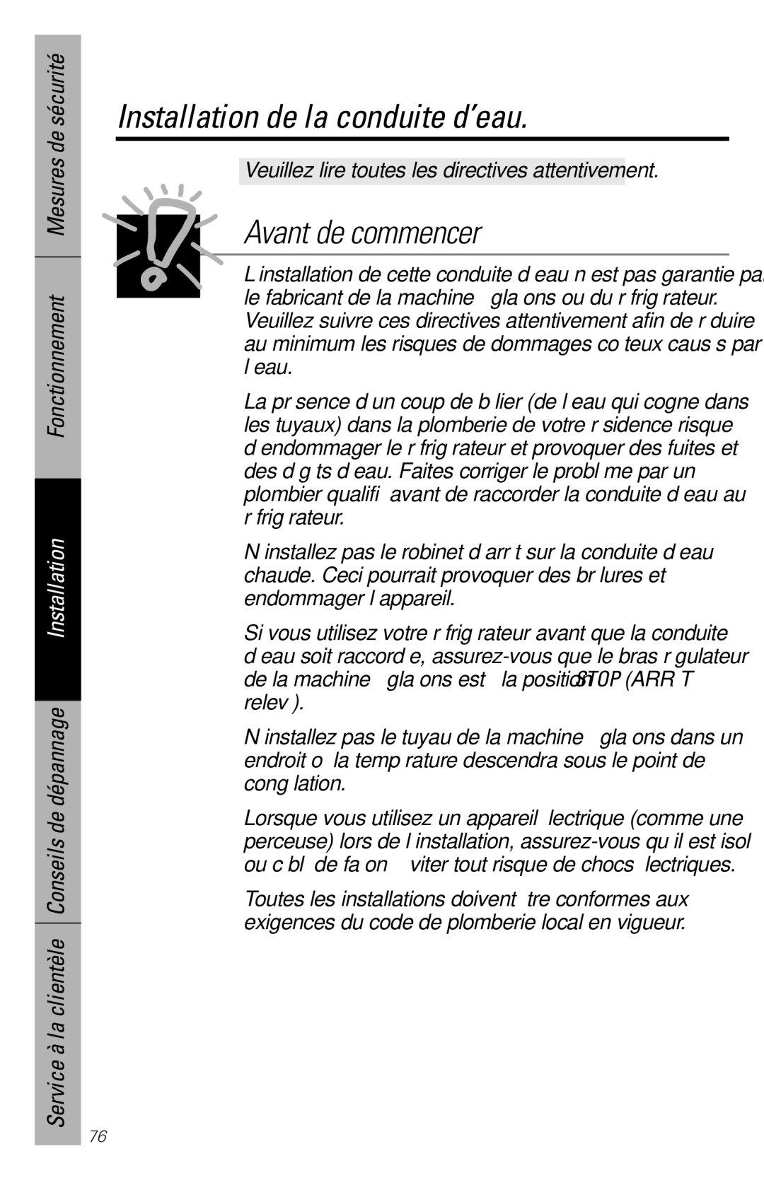 GE 28, 30 owner manual Installation de la conduite d’eau, Avant de commencer 