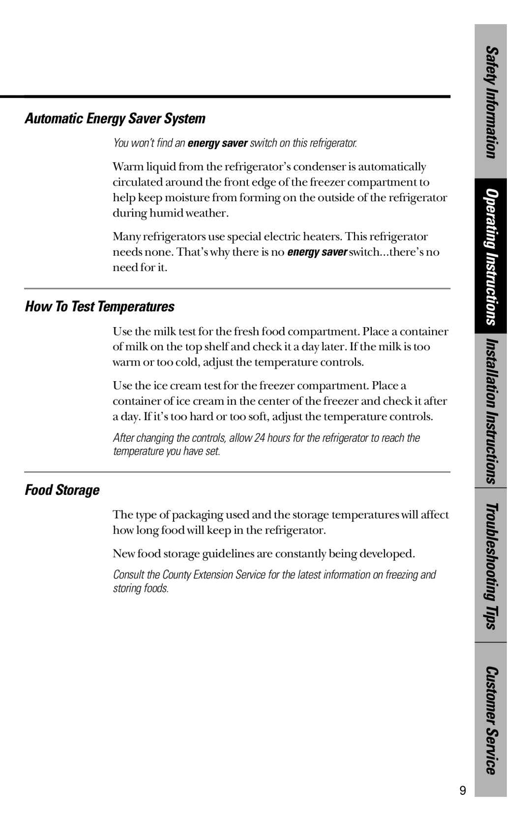 GE 28, 30 owner manual Automatic Energy Saver System, How To Test Temperatures, Food Storage 