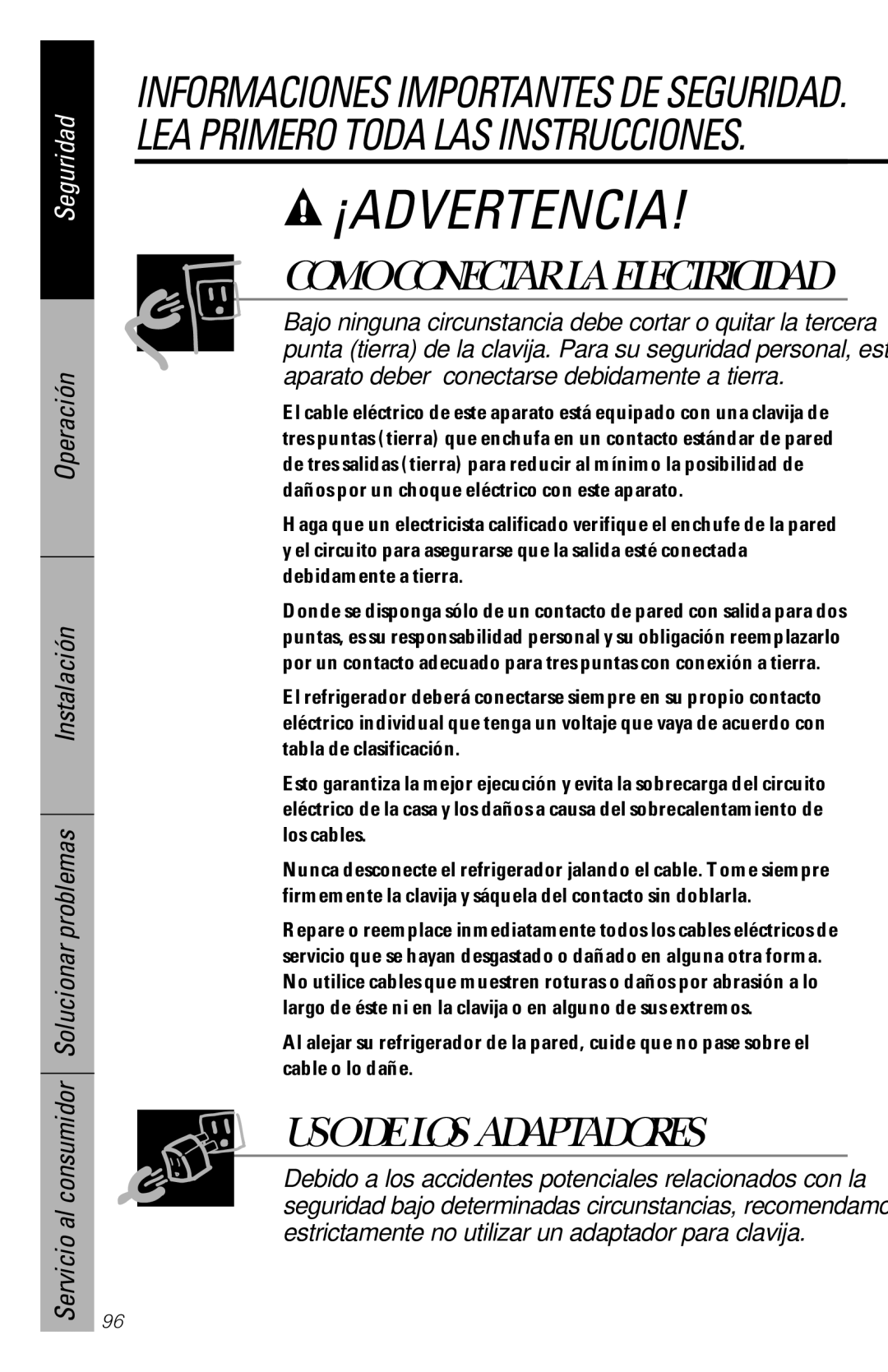 GE 28, 30 owner manual USO DE LOS Adaptadores 