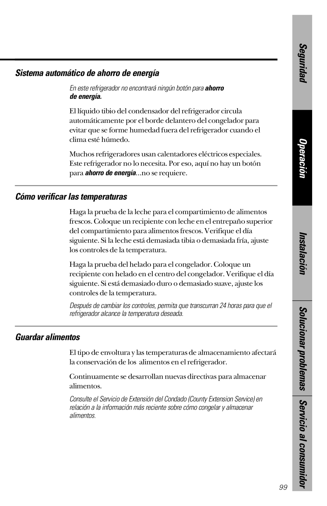 GE 28, 30 Sistema automático de ahorro de energía, Cómo verificar las temperaturas, Guardar alimentos, De energía 