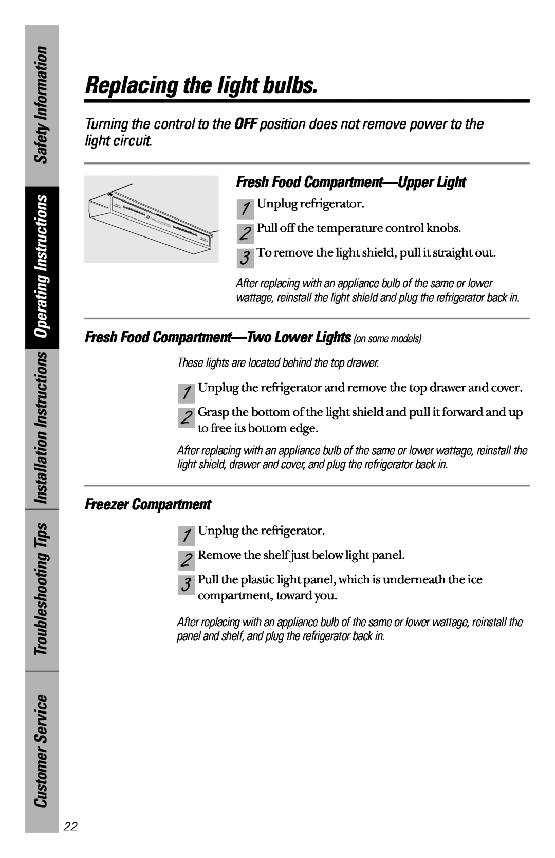 GE 28, 30 Replacing the light bulbs, Fresh Food Compartment-Upper Light, Freezer Compartment, Safety Information 