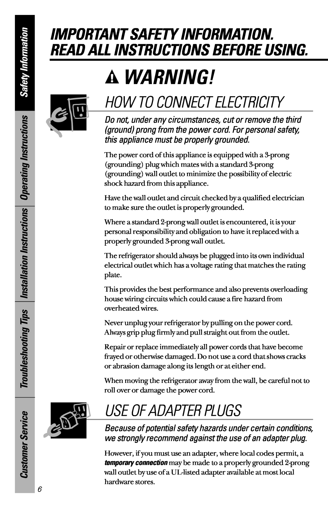 GE 28, 30 owner manual Use Of Adapter Plugs, How To Connect Electricity 