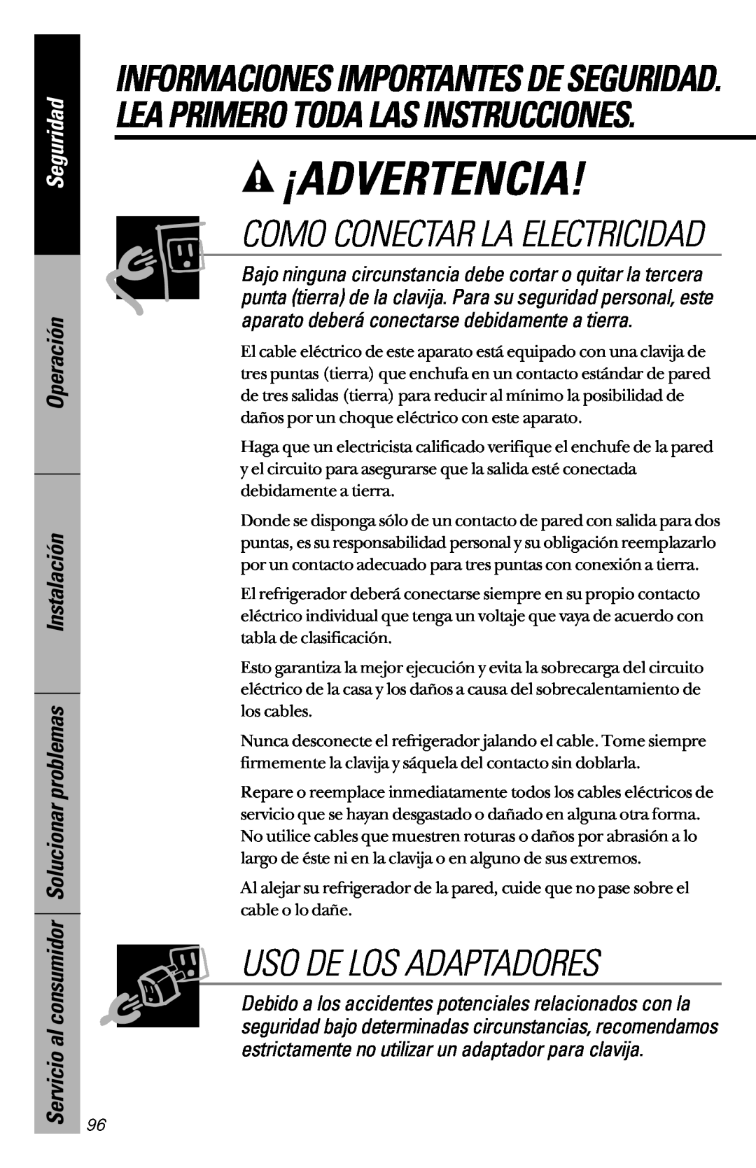 GE 28, 30 owner manual Uso De Los Adaptadores, Como Conectar La Electricidad, ¡Advertencia, Seguridad 