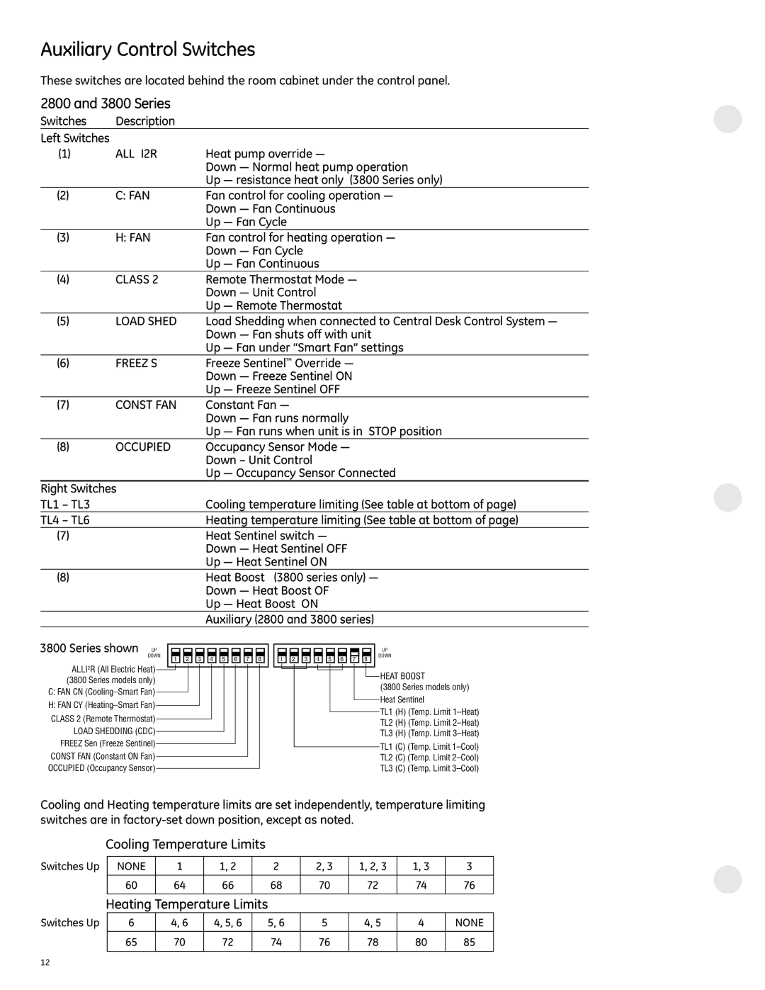 GE 2800 manual Auxiliary Control Switches, Cooling Temperature Limits, Heating Temperature Limits 