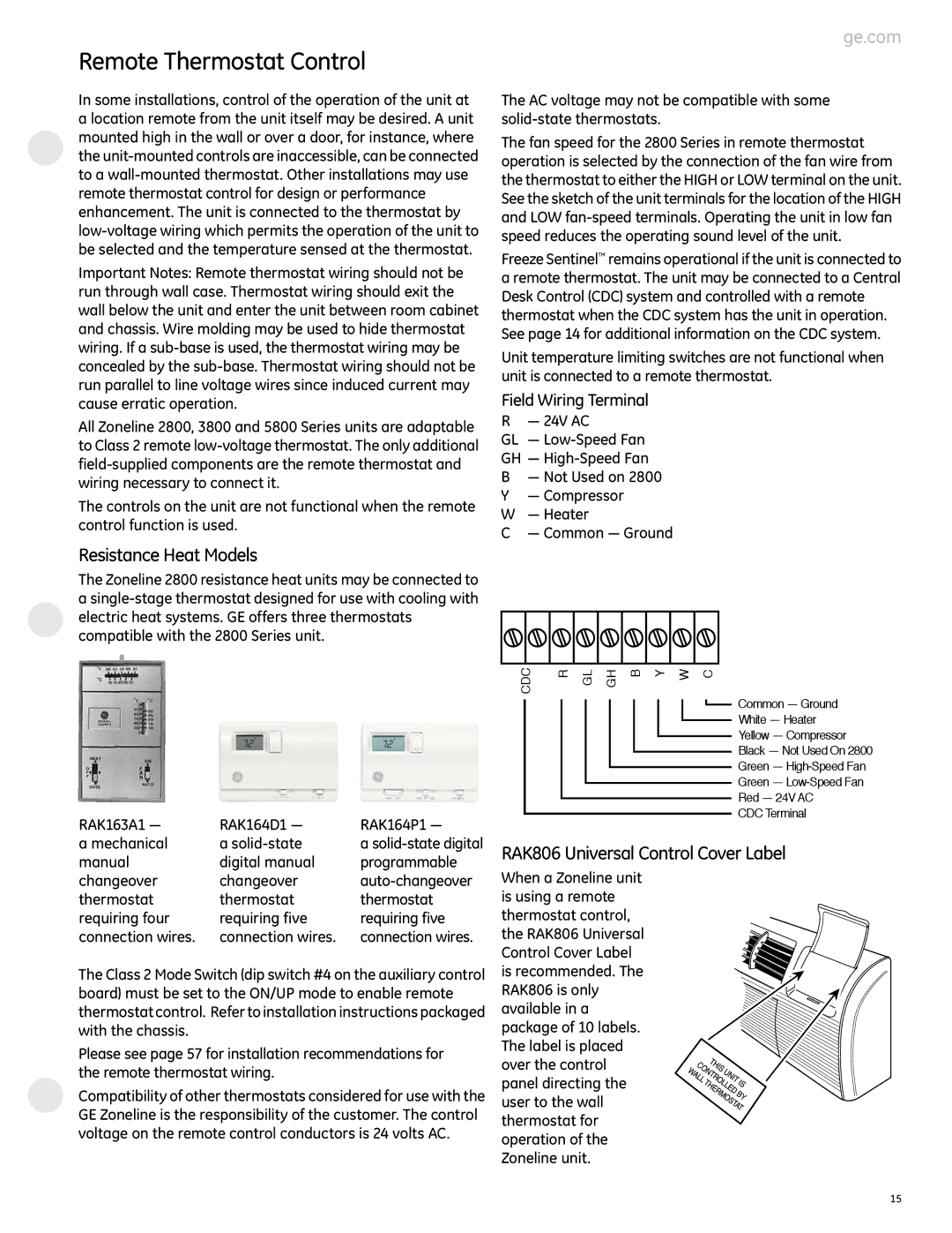 GE 2800 Remote Thermostat Control, Resistance Heat Models, RAK806 Universal Control Cover Label, Field Wiring Terminal 