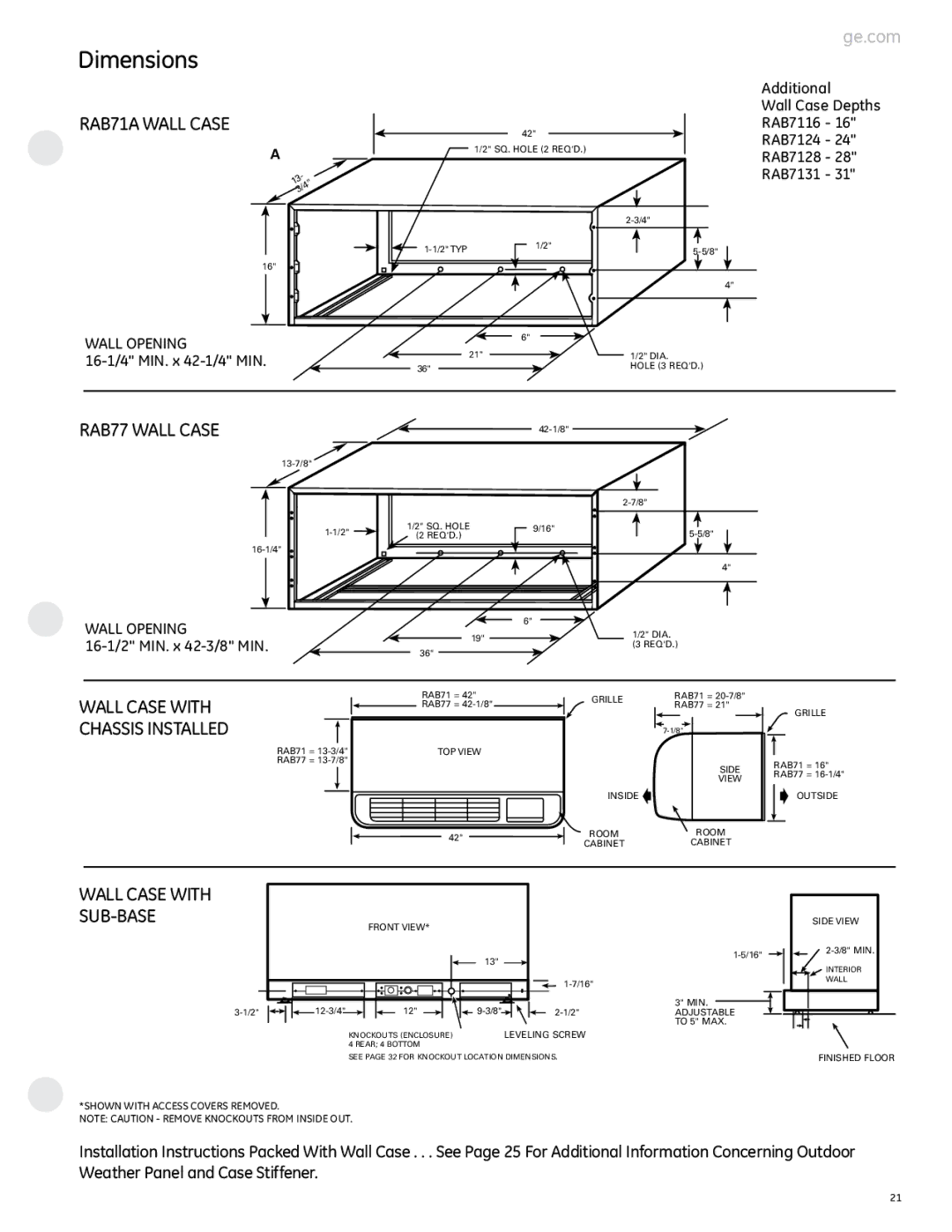 GE 2800 manual Dimensions, RAB71A Wall Case, RAB77 Wall Case, Wall Case with Chassis Installed 