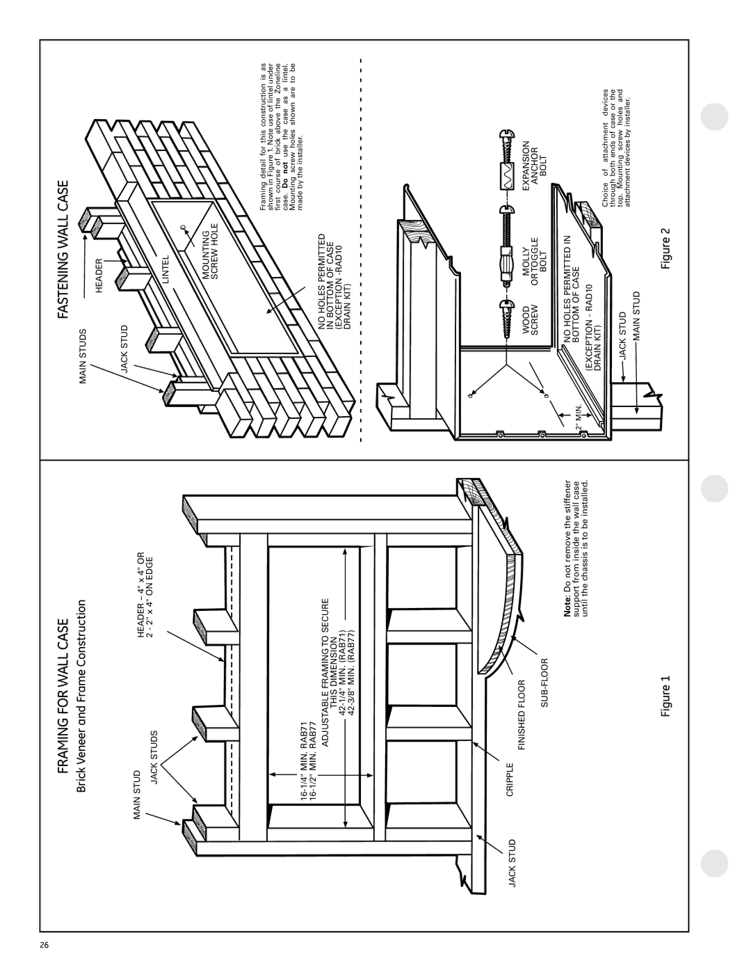 GE 2800 manual Framing for Wall Case, Fastening Wall Case, Brick Veneer and Frame Construction 