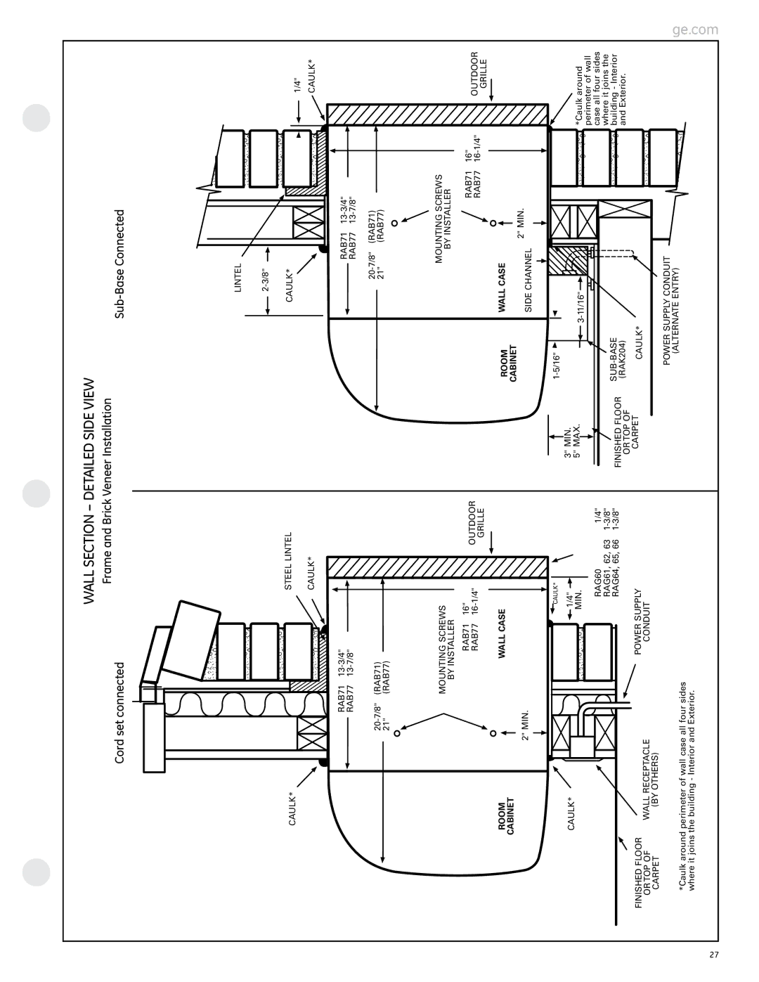 GE 2800 manual Wall Section Detailed Side View, Frame and Brick Veneer Installation Cord set connected 