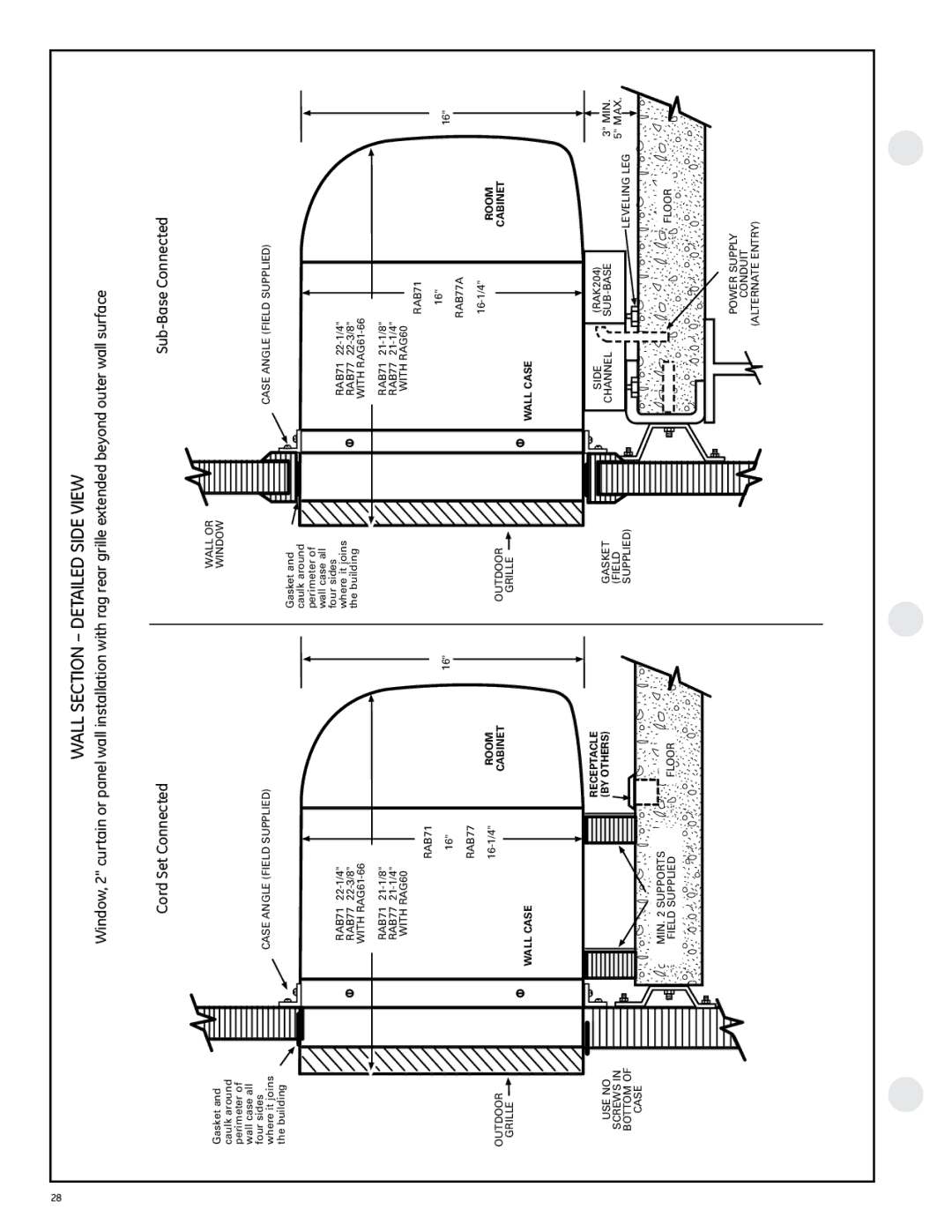 GE 2800 Gasket Caulk around Perimeter Wall case all, 22-1/4 Four sides, 22-1/4 Where it joins, 22-3/8 Building, 21-1/8 