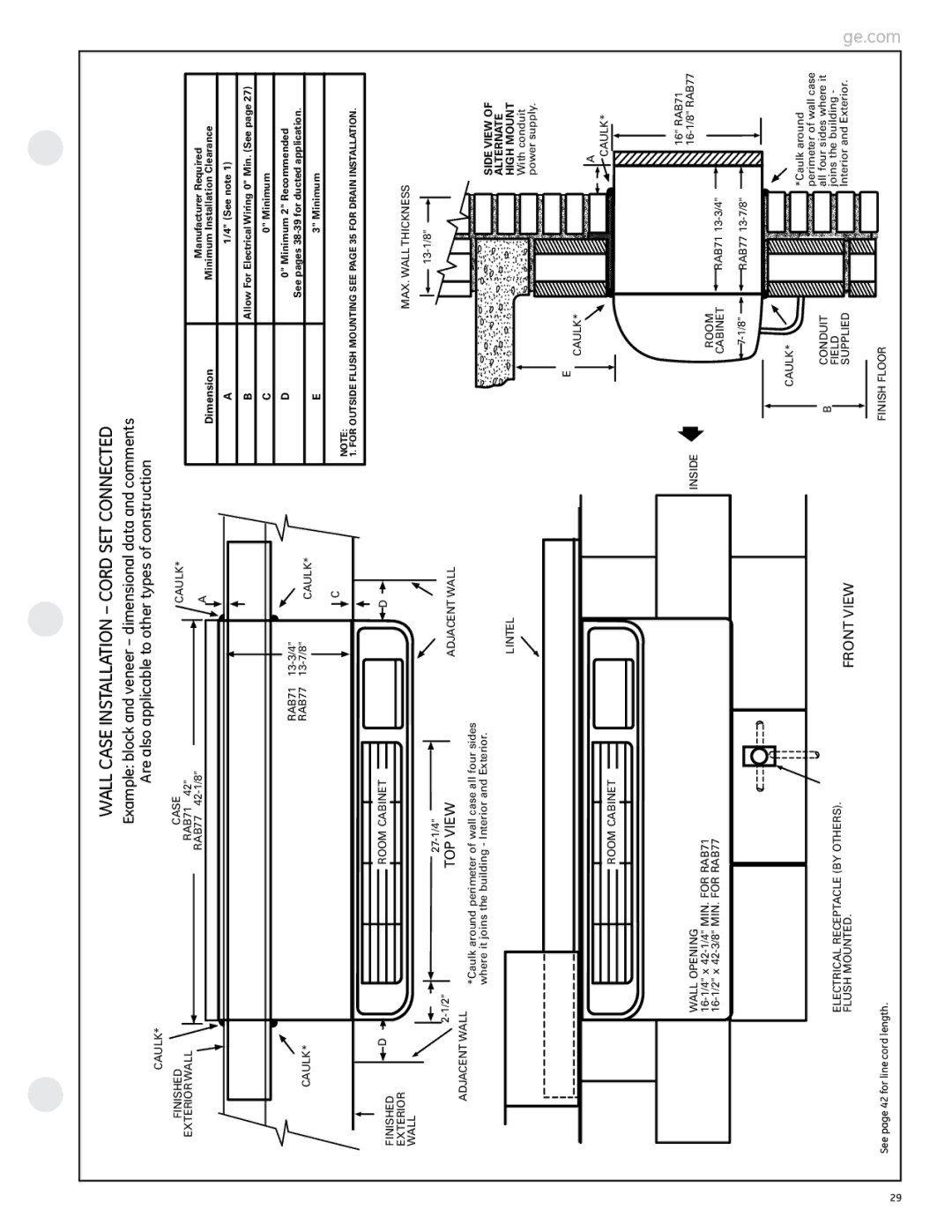 GE 2800 manual 42-1/8, 27-1/4 13-1/8, With conduit, Power supply, 16 RAB71, 16-1/8 RAB77, 16-1/4 x 42-1/4 MIN. for RAB71 