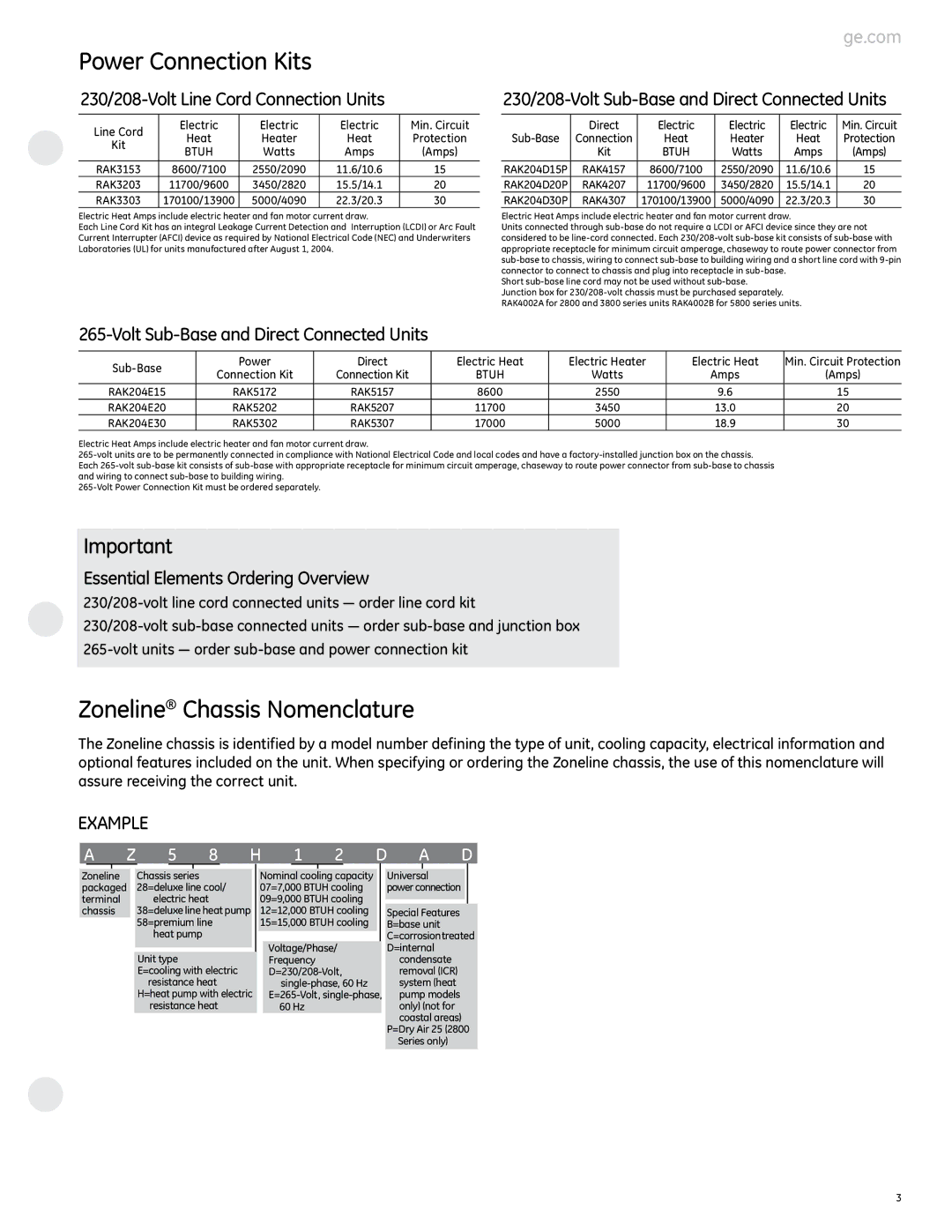 GE 2800 manual Power Connection Kits, Zoneline Chassis Nomenclature, Example 