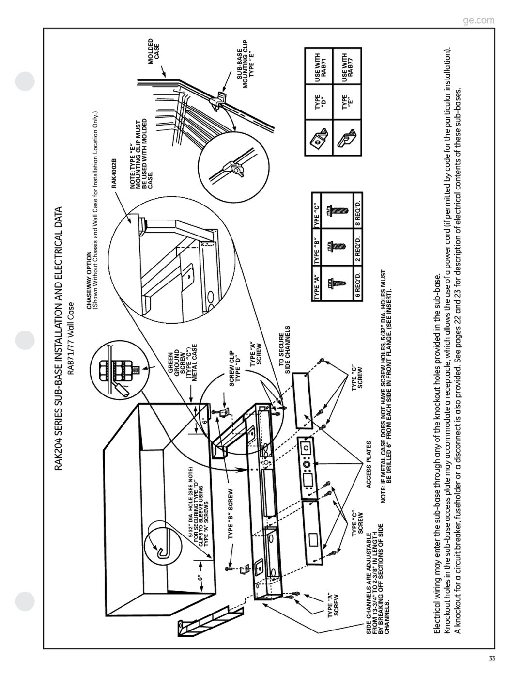 GE 2800 manual RAK204 Series SUB-BASE Installation and Electrical Data, RAB71/77 Wall Case 