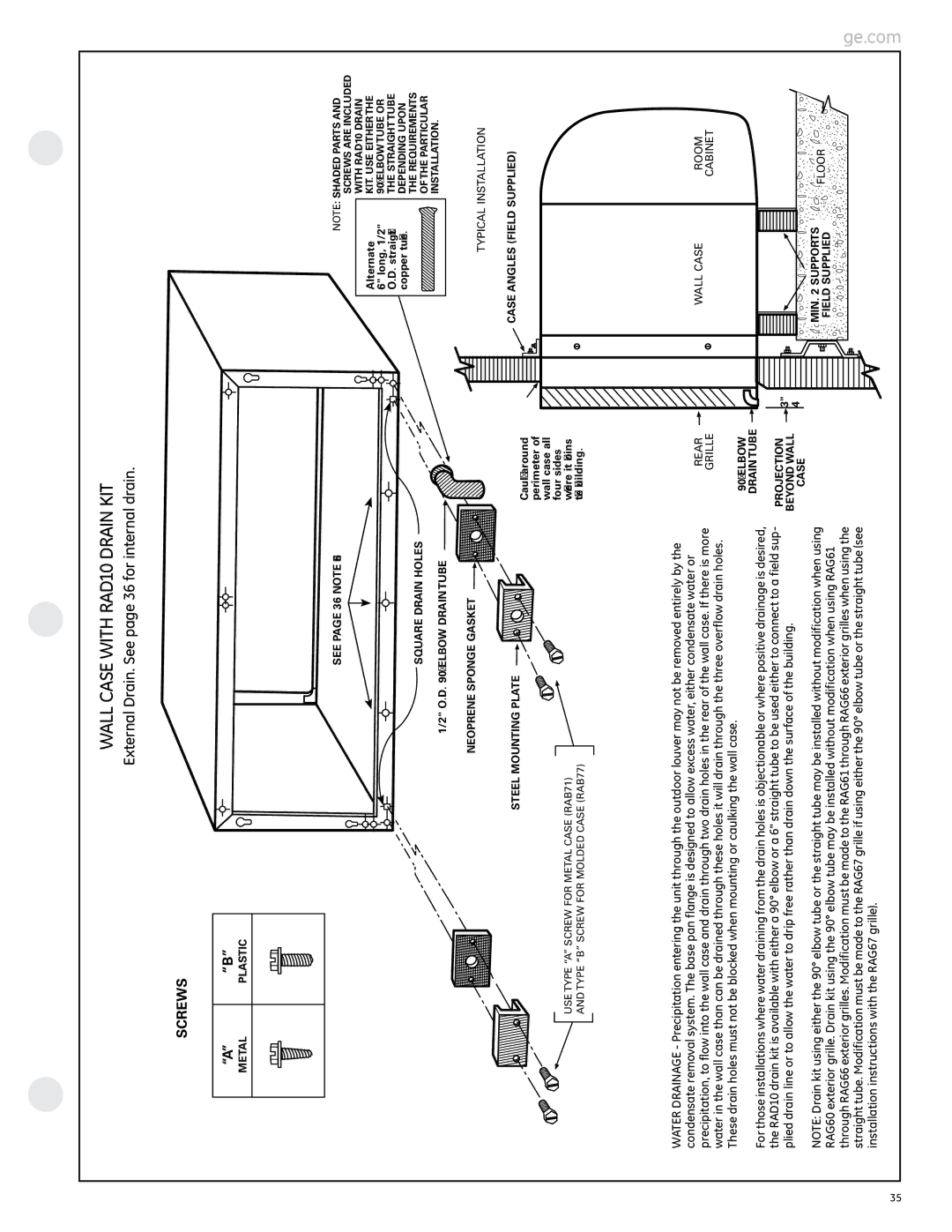 GE 2800 manual Wall Case with RAD10 Drain KIT, External Drain. See page 36 for internal drain 