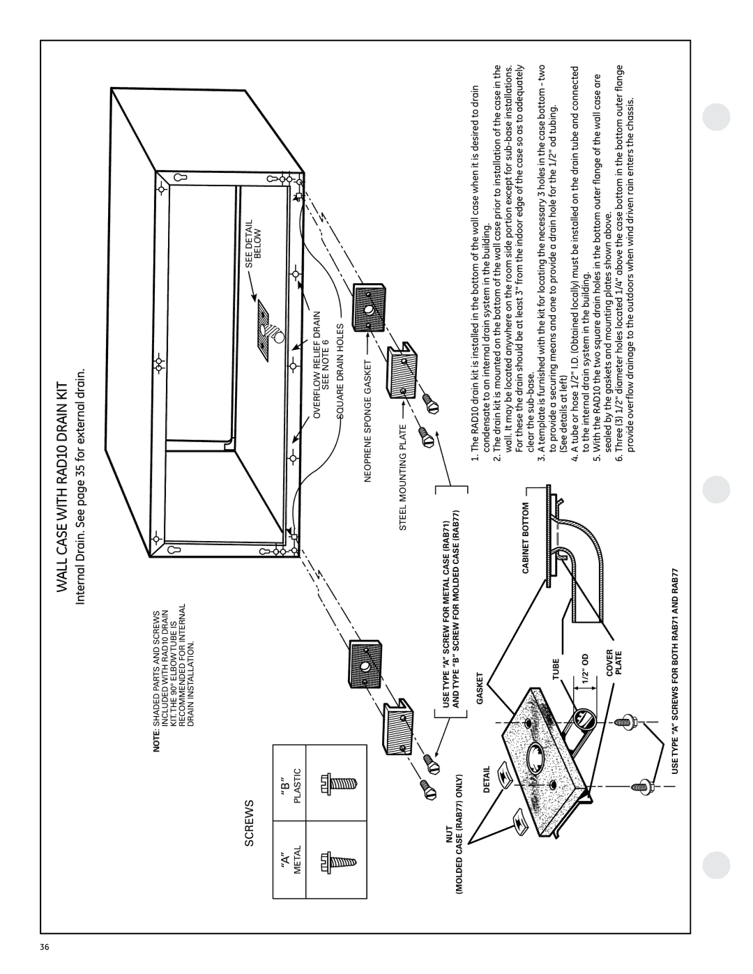 GE 2800 manual Internal Drain. See page 35 for external drain 