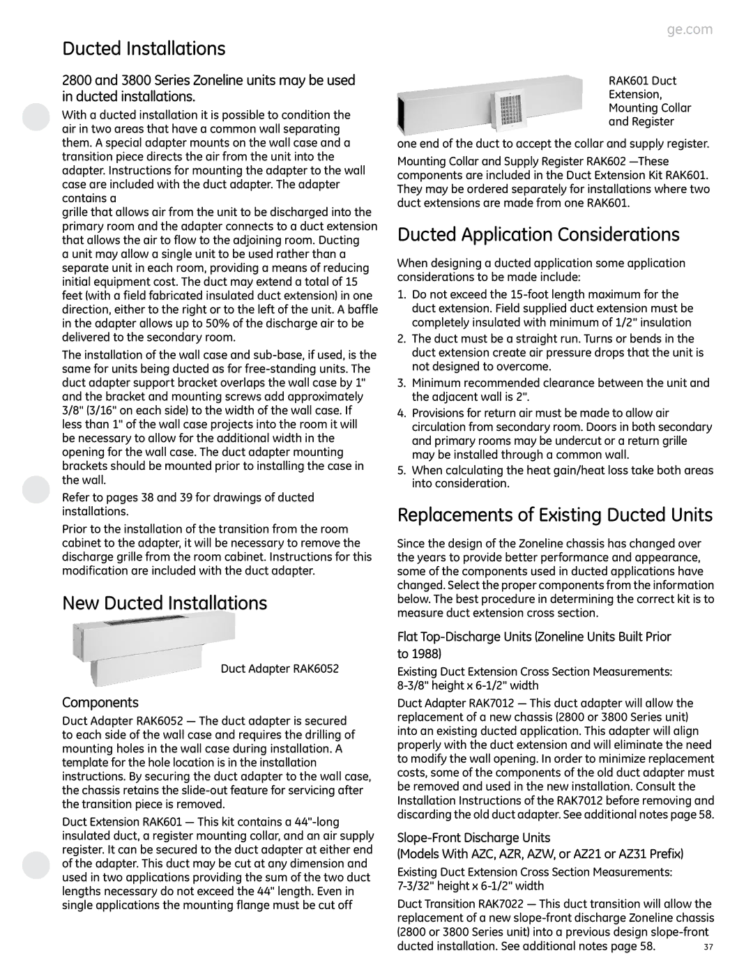 GE 2800 New Ducted Installations, Ducted Application Considerations, Replacements of Existing Ducted Units, Components 