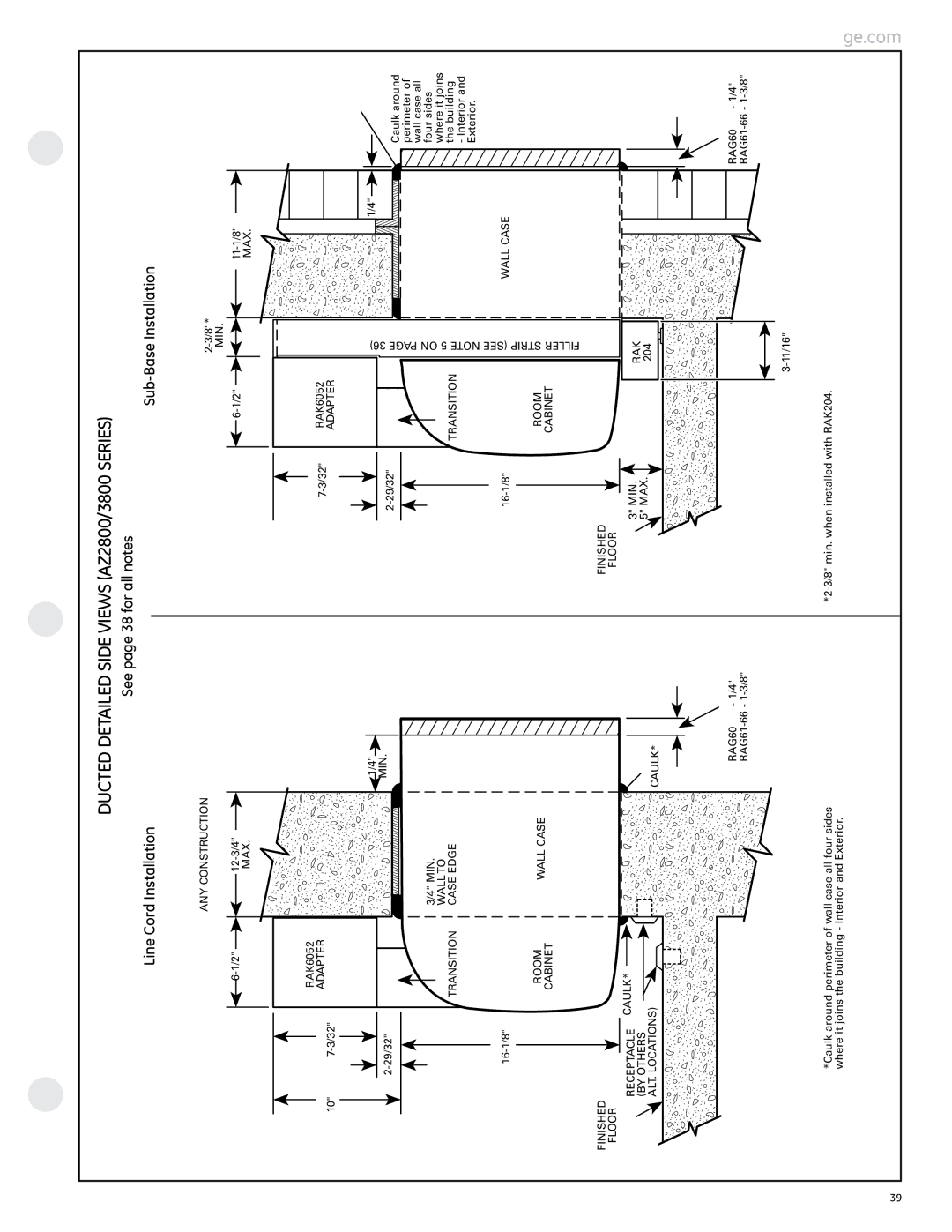 GE manual Ducted Detailed Side Views AZ2800/3800 Series 