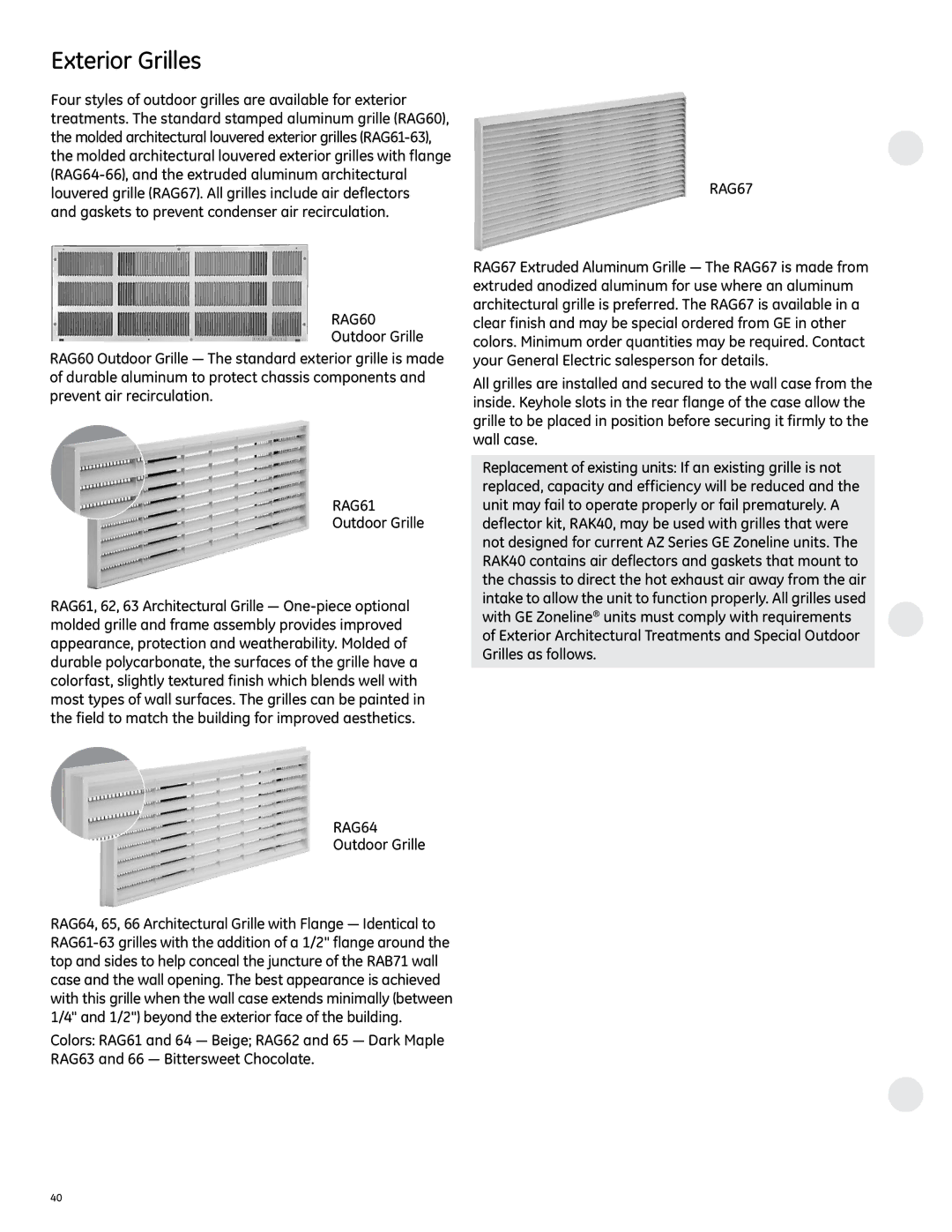 GE 2800 manual Exterior Grilles, Outdoor Grille 