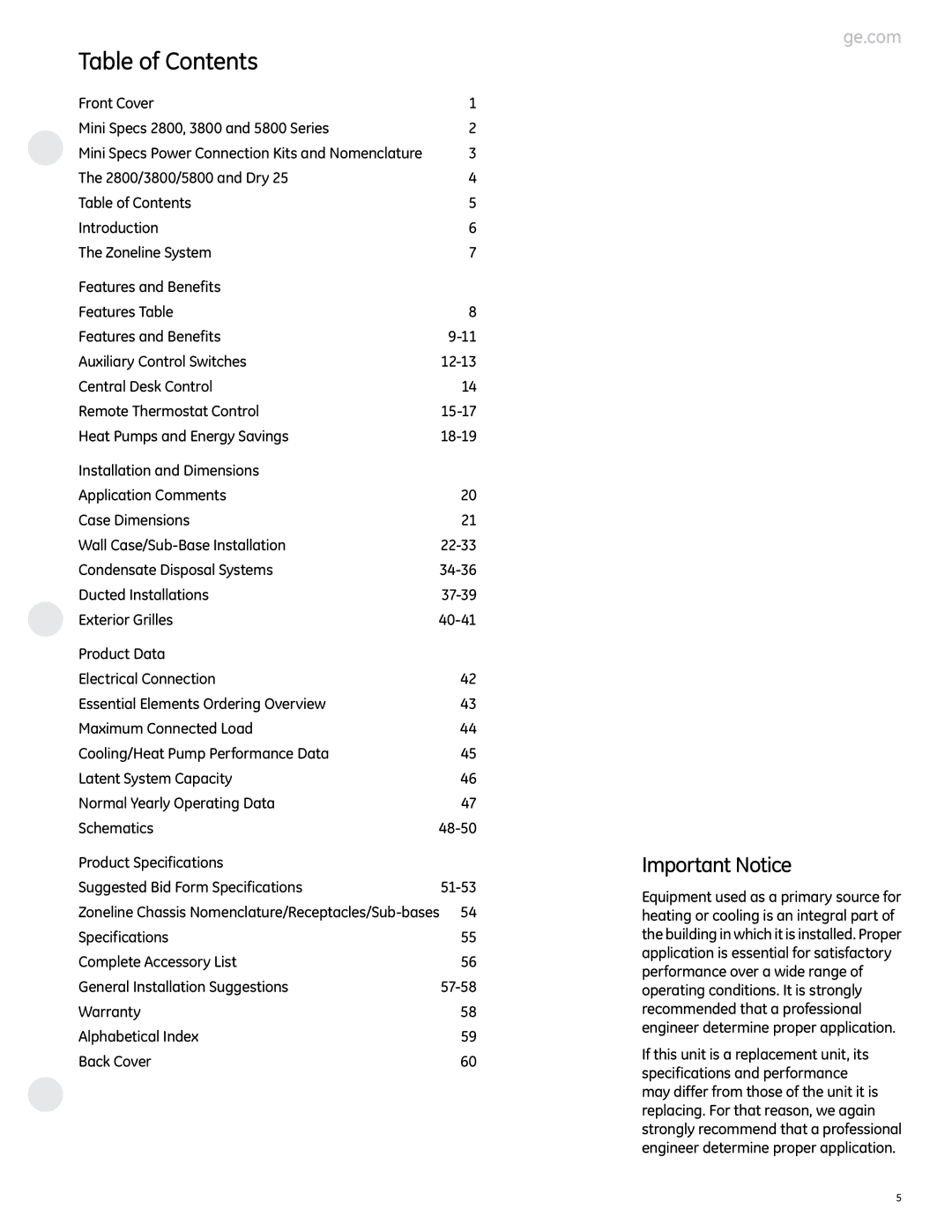 GE 2800 manual Table of Contents 