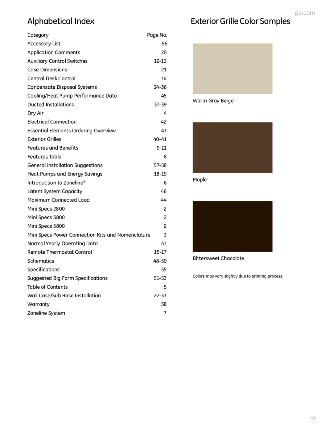 GE 2800 manual Alphabetical Index, Exterior Grille Color Samples, Warm Gray Beige Maple Bittersweet Chocolate 