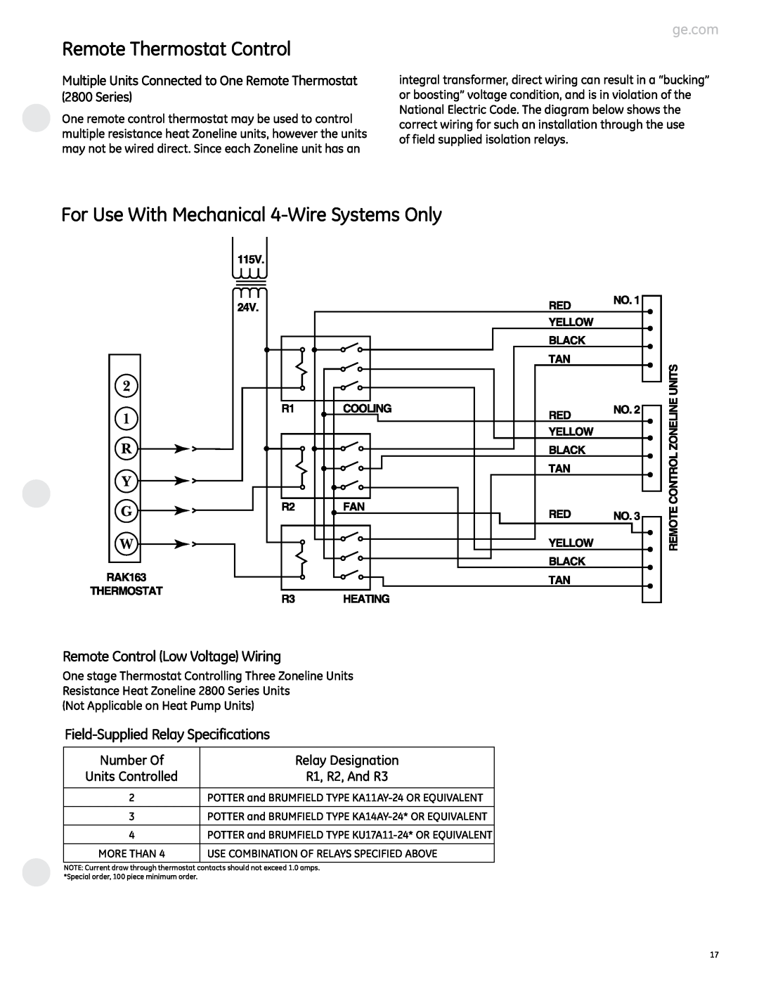 GE 2800 For Use With Mechanical 4-WireSystems Only, Remote Control Low Voltage Wiring, Field-SuppliedRelay Specifications 