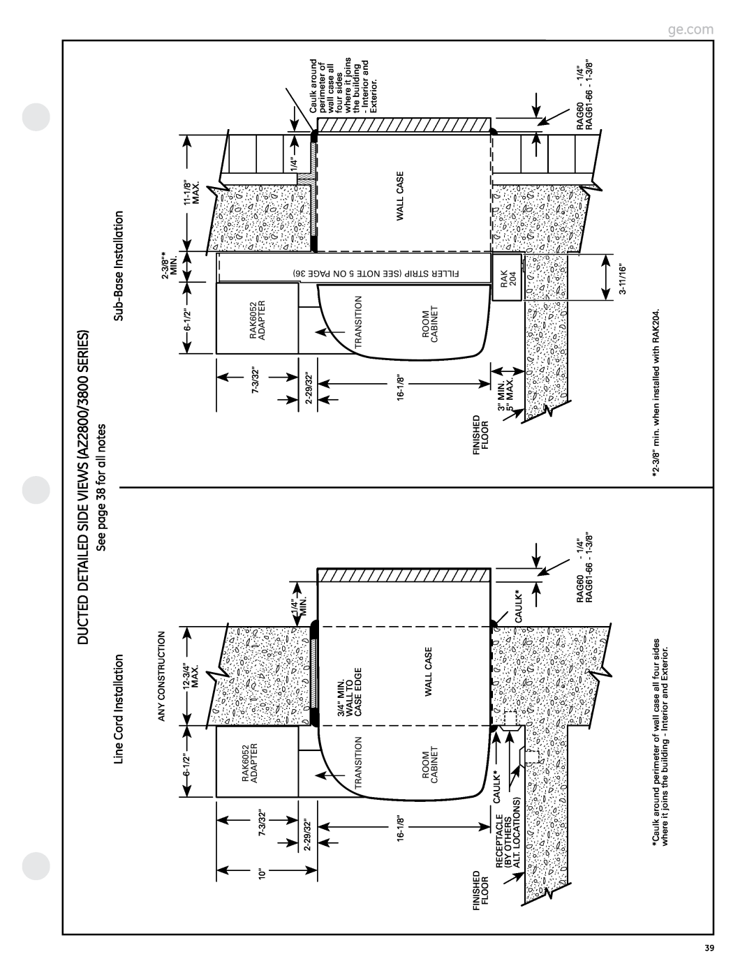 GE manual DUCTED DETAILED SIDE VIEWS AZ2800/3800 SERIES, See page 38 for all notes, Line Cord Installation 