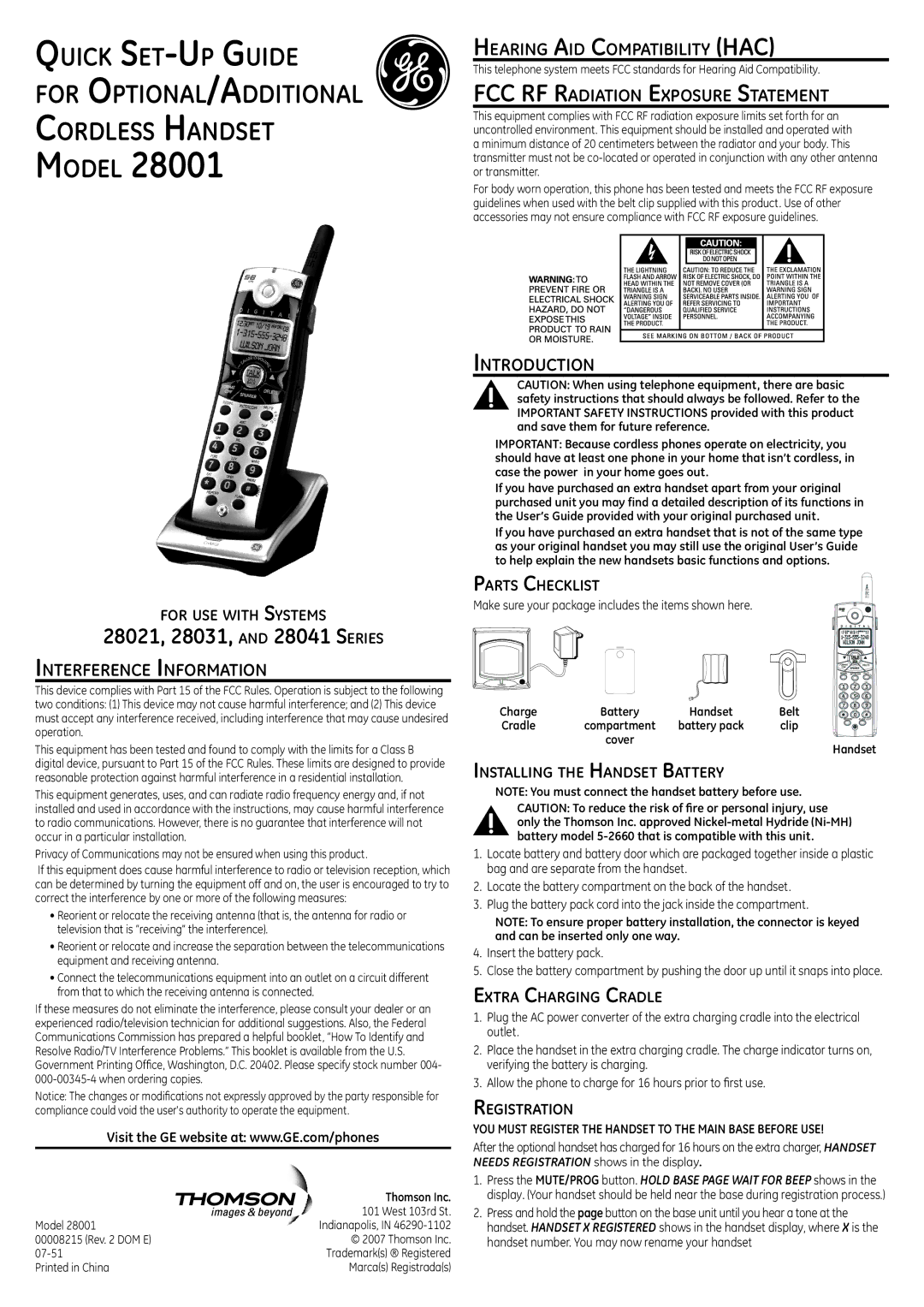 GE 28001 setup guide Interference Information, Hearing Aid Compatibility HAC, FCC RF Radiation Exposure Statement 