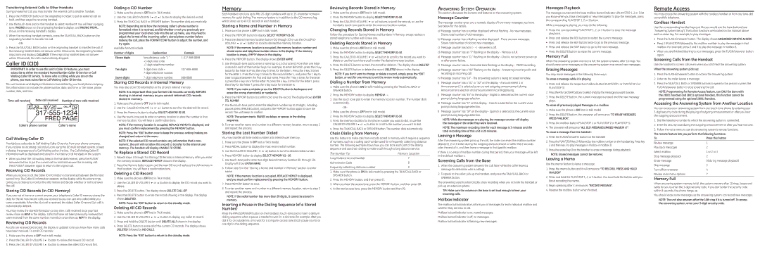 GE 28031 owner manual Caller ID CID, Memory, Remote Access 