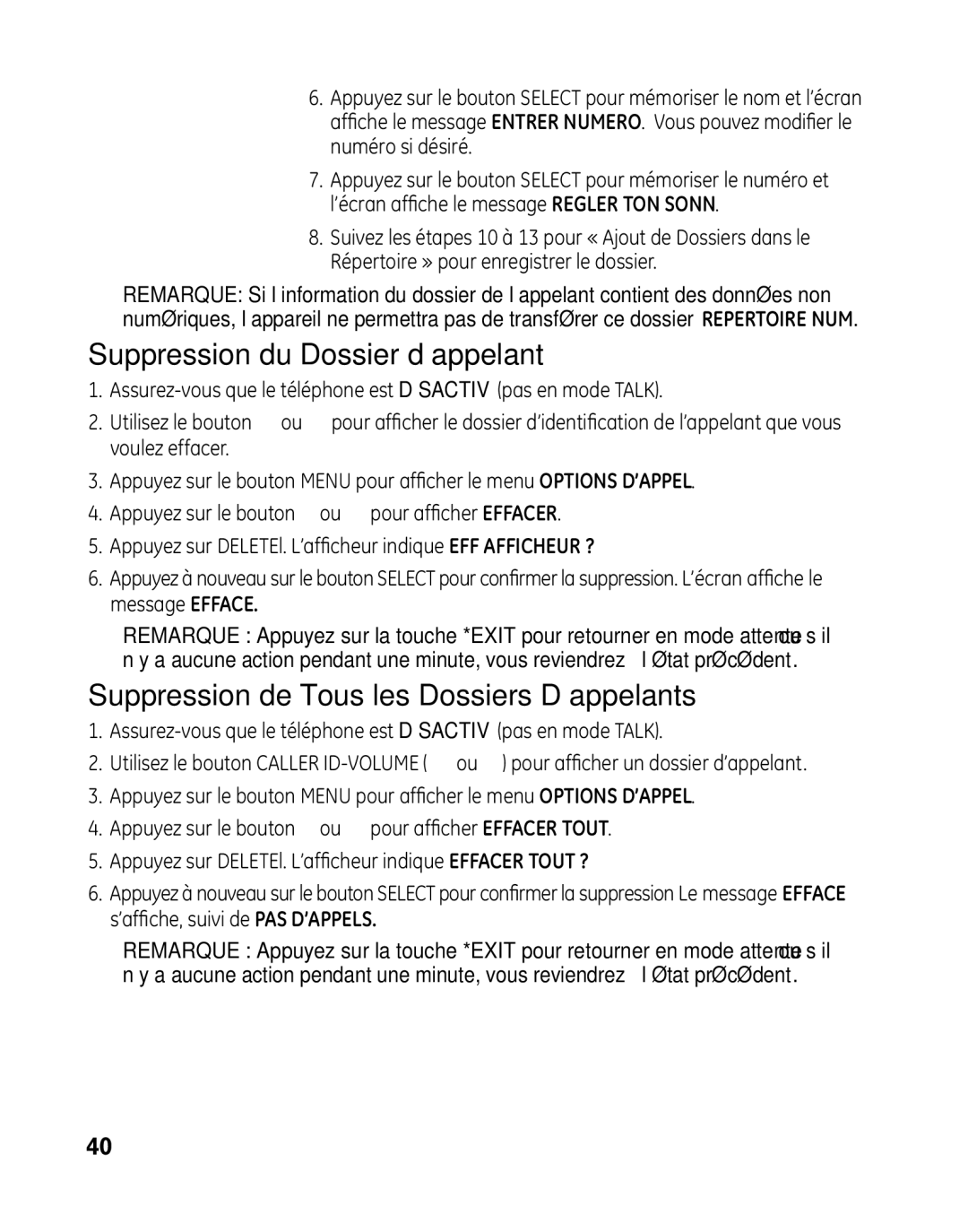 GE 28041 manual Suppression du Dossier d’appelant, Suppression de Tous les Dossiers D’appelants 