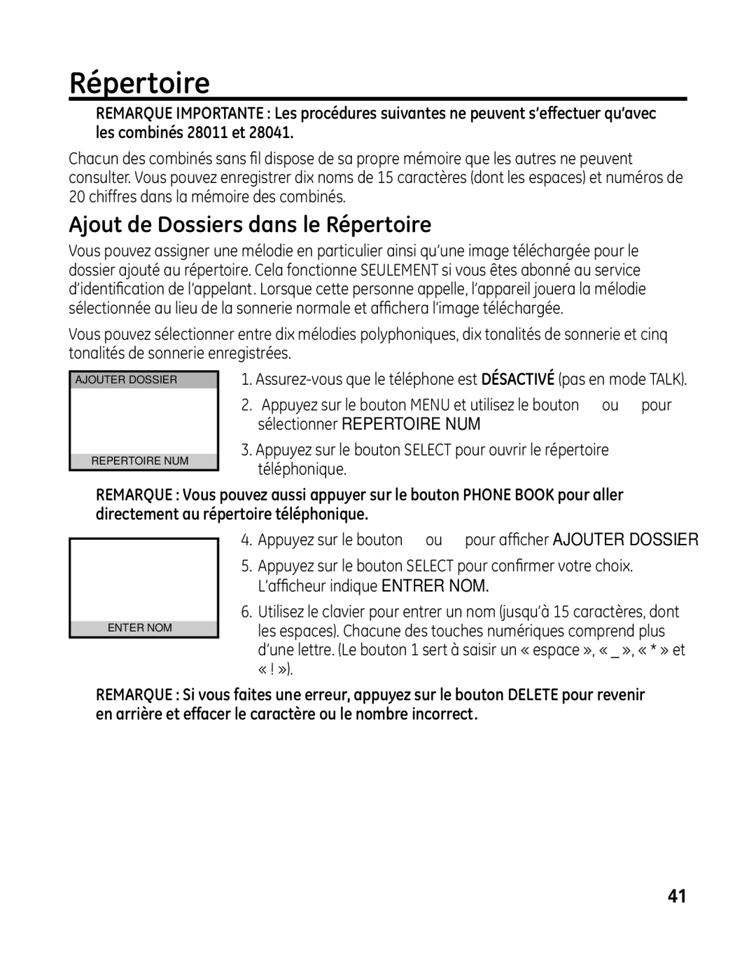 GE 28041 manual Ajout de Dossiers dans le Répertoire 