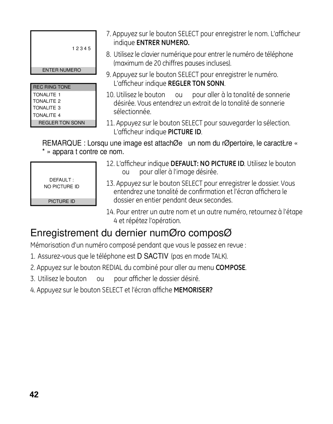 GE 28041 manual Enregistrement du dernier numéro composé 