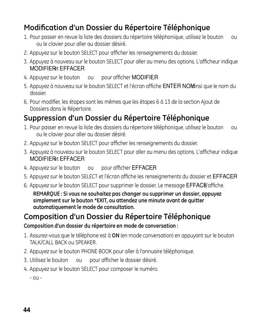 GE 28041 manual Modification d’un Dossier du Répertoire Téléphonique, Suppression d’un Dossier du Répertoire Téléphonique 