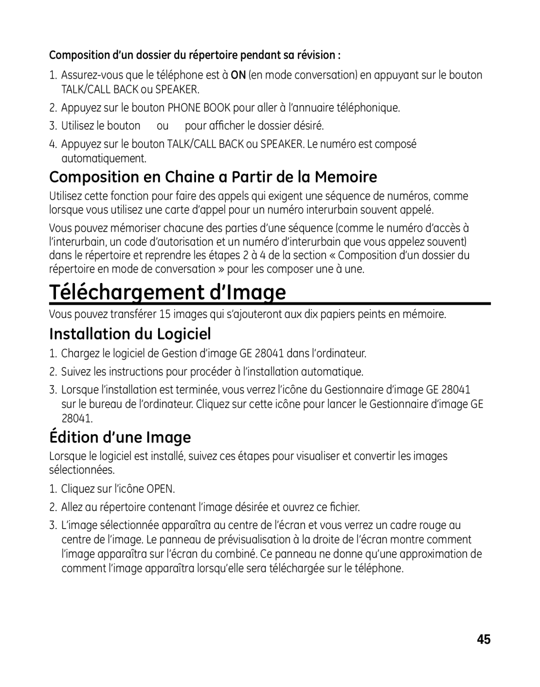 GE 28041 manual Téléchargement d’Image, Composition en Chaine a Partir de la Memoire, Installation du Logiciel 