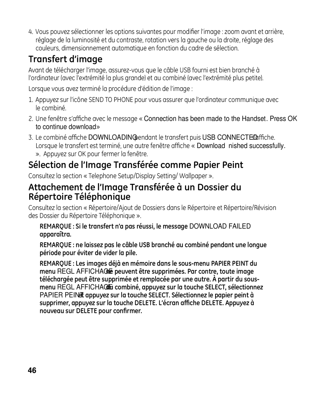 GE 28041 manual Transfert d’image, Sélection de l’Image Transférée comme Papier Peint 