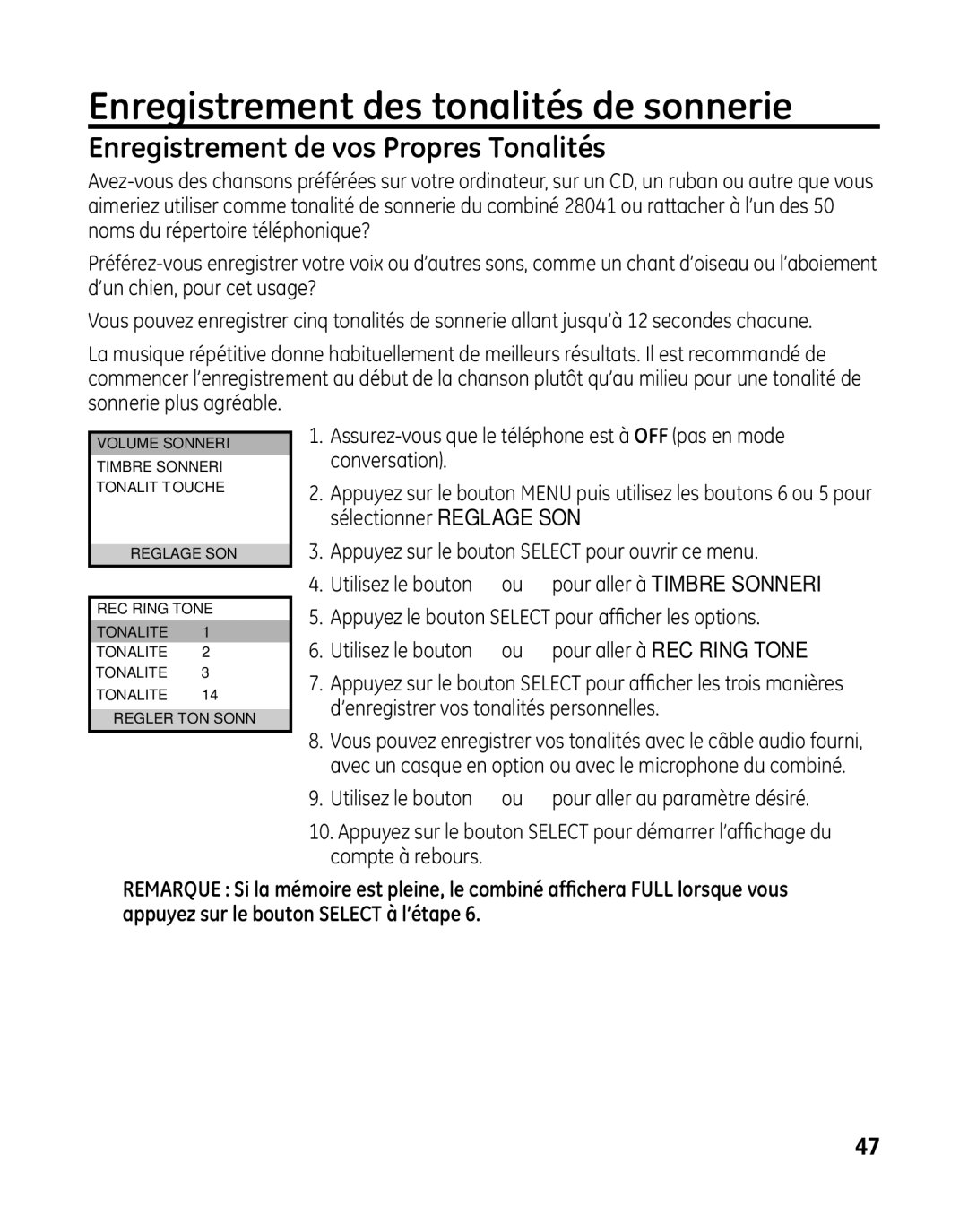 GE 28041 manual Enregistrement des tonalités de sonnerie, Enregistrement de vos Propres Tonalités 