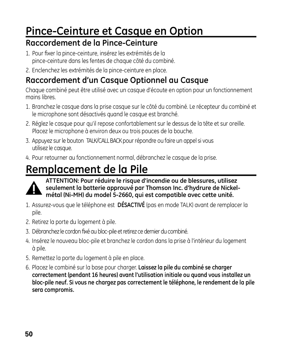 GE 28041 manual Pince-Ceinture et Casque en Option, Remplacement de la Pile, Raccordement de la Pince-Ceinture 