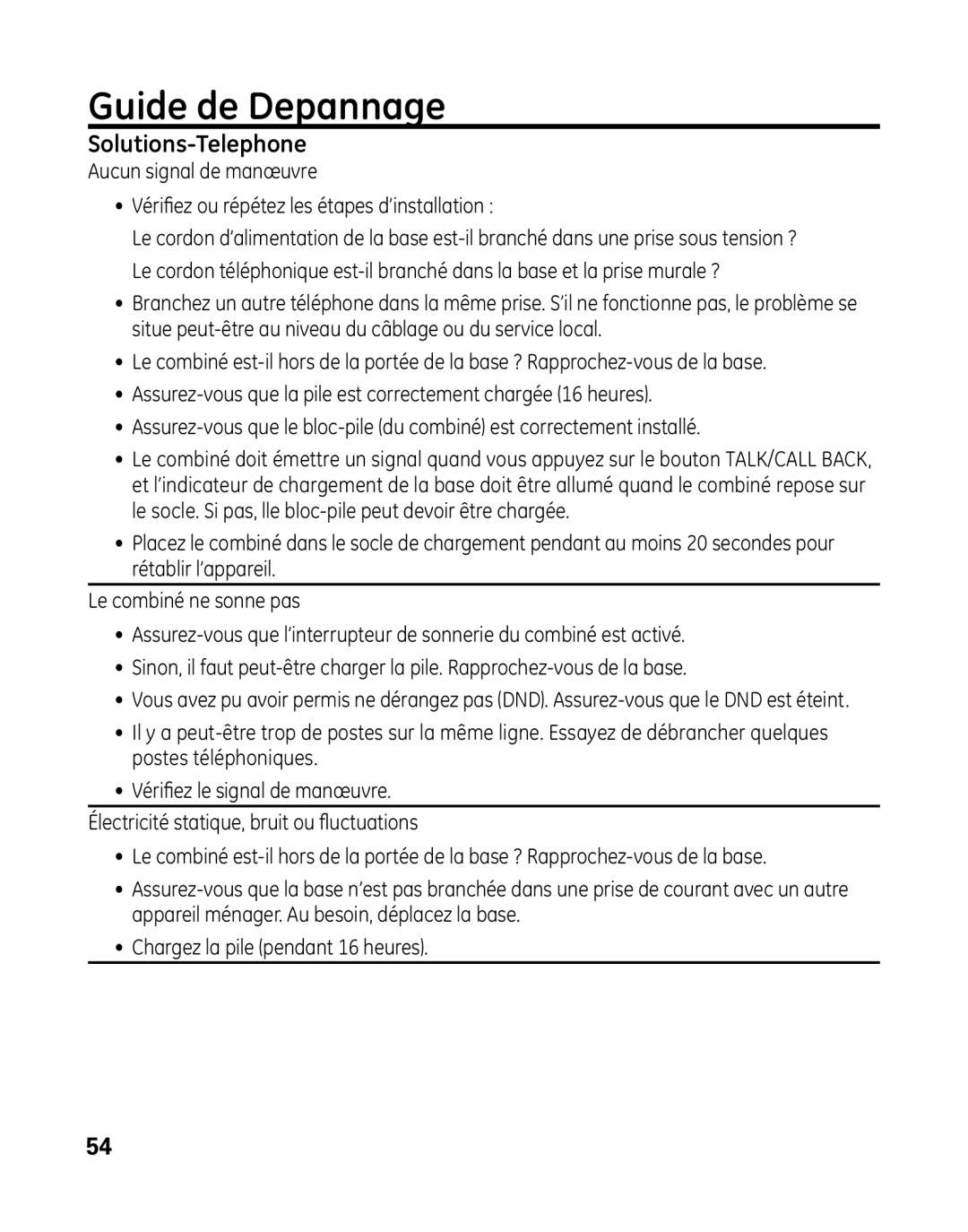 GE 28041 manual Guide de Depannage, Solutions-Telephone 