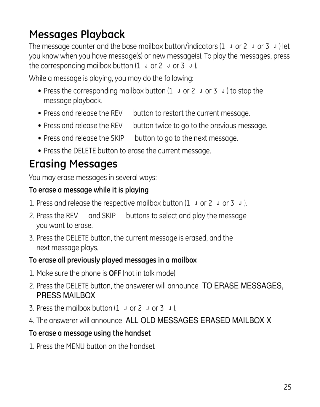 GE 28041 Messages Playback, Erasing Messages, To erase a message while it is playing, To erase a message using the handset 